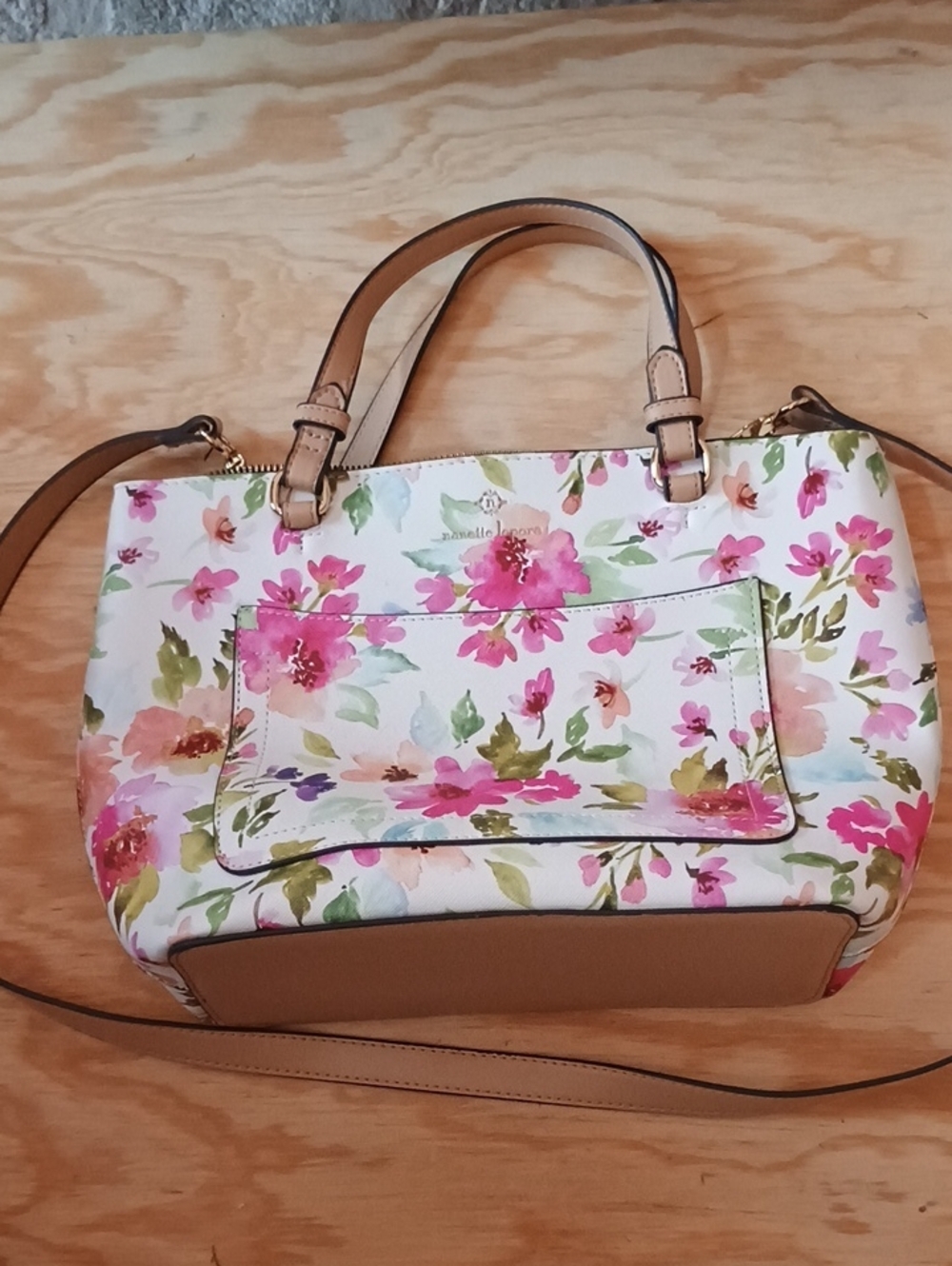 Nanette Lepore-Floral Print Satchel Handbag with Tan Trim